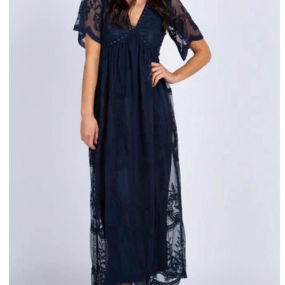 Pink Blush Navy Blue Lace Maxi Dress
